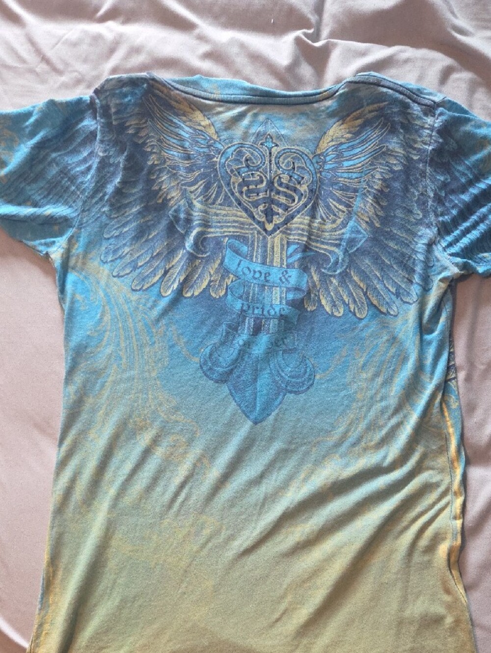Sinful Women's Short Sleeve V-Neck Tee in Blue and Yellow Ombre - Picture 4 of 6